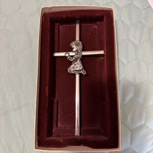 Vintage Stainless Steel 7” Praying Child Crucifix & Storage Box Religious Icon